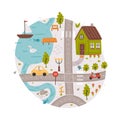 Naive City Map with Cartoon Road, Car and House Vector Illustration