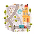 Naive City Map with Cartoon Road, Car and House Vector Illustration