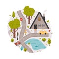 Naive City Map with Cartoon Road, Car and House Vector Illustration