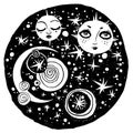 Naive kawaii night space composition with sun and moon faces.