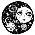 Naive kawaii night space composition with sun and moon faces.