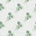 Naive light seamless pattern with pale green abstract floral bouquet. White background with dots