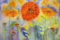 Naive marigold with blue and orange background.