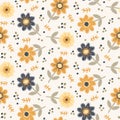 Naive meadowflowers seamless vector pattern background. Vintage retro color scribbled flowers backdrop. Blue orange Royalty Free Stock Photo