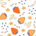 Naive orange strawberry seamless pattern. Hand drawn lines and doodles. Pastel texture in flat style.