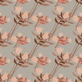Naive Pale Seamless Pattern With Brown And Beige Abstract Floral Bouquet. Grey Background