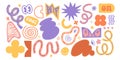 Naive playful hand drawn abstract shapes stickers set. 80-90s Groovy geometric shapes with typography in trendy retro
