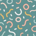 Naive seamless boho pattern with crazy colorful doodle lines a dark green background. Creative minimalistic trendy background