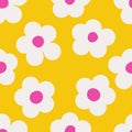 Naive seamless vibrant pattern with white daisies on a yellow background in doodle style. Bright minimalistic Contemporary graphic