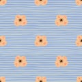 Naive style seamless pattern with orange scandi flowers silhouettes. Blue striped background. Doodle print