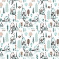 Naive style seamless vector pattern with hand-drawn small village. Lovely Nursery endless background. Royalty Free Stock Photo