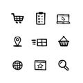 Naive style shopping icon set. E-commerce, online shopping and delivery Doodle ink style Set of icons. Vector hand drawn Royalty Free Stock Photo