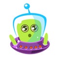 Naive and surprised green alien in a flying saucer, cute cartoon monster. Colorful vector character