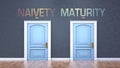 Naivety and maturity as a choice - pictured as words Naivety, maturity on doors to show that Naivety and maturity are opposite Royalty Free Stock Photo