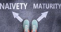 Naivety and maturity as different choices in life - pictured as words Naivety, maturity on a road to symbolize making decision and Royalty Free Stock Photo