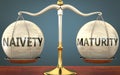 Naivety and maturity staying in balance - pictured as a metal scale with weights and labels naivety and maturity to symbolize Royalty Free Stock Photo