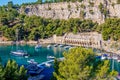 The ports of Calanque Miou with sailing boats in the rocks of the National Parc des Calanques. Royalty Free Stock Photo