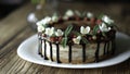 Naked drip cake with chocolate, decorated with strawberries, jasmine flowers and honeysuckle on brown wooden table Royalty Free Stock Photo