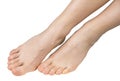 Naked female legs, feet tilted to the side, closeup, front view, isolated Royalty Free Stock Photo