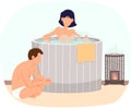 Naked lady standing in tubs and talking to her boyfriend. Couple resting in sauna together