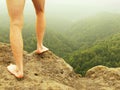 Naked male hairy legs on peak of rock above misty valley. Royalty Free Stock Photo