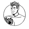 Naked man avatar in circle. Young macho guy with dreadlocks, tatoo, tattoo, fang on neck beads. Smiling face of male