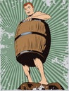 Naked man inside a barrel. Ruin and debts.