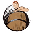 Naked man inside a barrel. Ruin and debts.