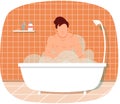 Naked man sitting in bathtub with hot water. Male character relaxing in home sauna with steam Royalty Free Stock Photo