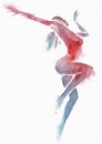 Naked Modern Dancer Red-Blue Watercolor on White