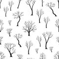 Naked trees pattern. Seamless print with black plant trunks and branches silhouette. Dry forest. Botanical background Royalty Free Stock Photo