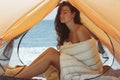 Naked Woman on the Beach in a Tent Royalty Free Stock Photo