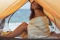 Naked Woman on the Beach in a Tent Royalty Free Stock Photo