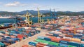 Nakhodka, Russia-August 2019: container terminals in Nakhodka port. port Nakhodka in Russia, coal, oil, containers, wood