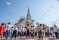 NAKHON PHANOM, THAILAND-NOVEMBER 06, 20222:Kathin Merit Festival Buddhists carrying a silver pedestal parade