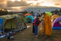 Nakhon Ratchasima,Thailand-December 31,2017:Morning sunrise,people come to relax on holiday,give alms to the monks,to make merit,