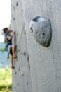 Nakhon ratchasima, Thailand - October 16, 2017: Close up, the grip of the outdoor climbing wall, an artificially constructed wall