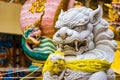 Nakhon Sawan, Thailand - March, 23, 2022 : Stone lion statue at Shrine Serpent king Chan Sen Is a Chinese style temple Created for Royalty Free Stock Photo