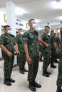 Nakhon Sawan, Thailand, 29 October 2021, a large group of male military students Wear a mask to prevent the spreading virus.