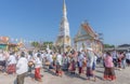 NAKHONPHANOM, THAILAND-NOVEMBER 06,20222:Kathin Merit Festival Buddhists carrying a silver pedestal parade around Phra That Champa