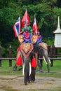 NAKORNPRATHOM THAILAND : October 6, 2022 : photo of elephant show at Samphran elephant ground & zoo, showing how the dynasty use Royalty Free Stock Photo