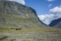 Nallo mountain hut in northern Sweden. Picturesque Swedish Lapland landscape. Arctic environment of Scandinavia