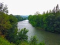 Nalon river between green forest full of trees, in Asturias, Spa Royalty Free Stock Photo