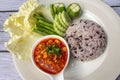 Nam phrik ong is a popular Thai food in Northern Thailand. Composition with rice, pork and fresh vegetables