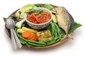 Nam phrik pla thu ; vegetables with short mackerel dipping paste , thai food