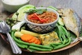 Nam phrik pla thu ; vegetables with short mackerel dipping paste , thai food