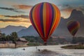 Nam Song river at sunset with hot air balloon in Vang Vieng, Laos, Beautifull landscape on the Nam Song River in Vang Vieng, Laos Royalty Free Stock Photo