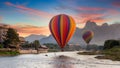 Nam Song river at sunset with hot air balloon in Vang Vieng, Laos, Beautifull landscape on the Nam Song River in Vang Vieng, Laos Royalty Free Stock Photo