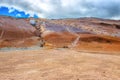 Namafjall Hverir geothermal area in Iceland. Stunning landscape of sulfur valley, panoramic view of Namafjall mountain and sky Royalty Free Stock Photo