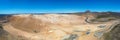 Namafjall Hverir geothermal area in Iceland. Stunning landscape of sulfur valley, panoramic view of Namafjall mountain and blue Royalty Free Stock Photo